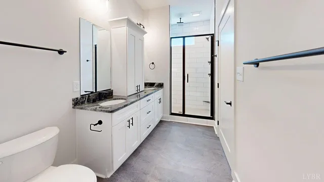 a bathroom with a double vanity sink toilet mirror and shower