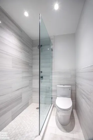 a bathroom with a toilet and a shower