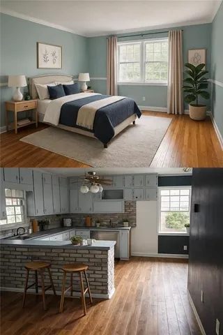 a bedroom with a bed and wooden floor