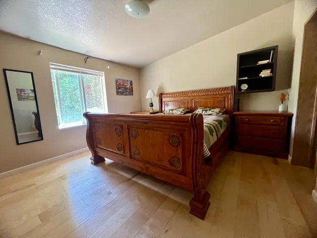 a bed room with a bed and a television