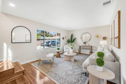 a living room with furniture and a potted plant