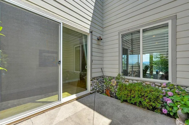 a view of a porch with garden and plants