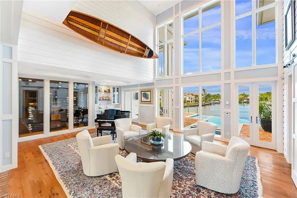 a living room with furniture and floor to ceiling windows