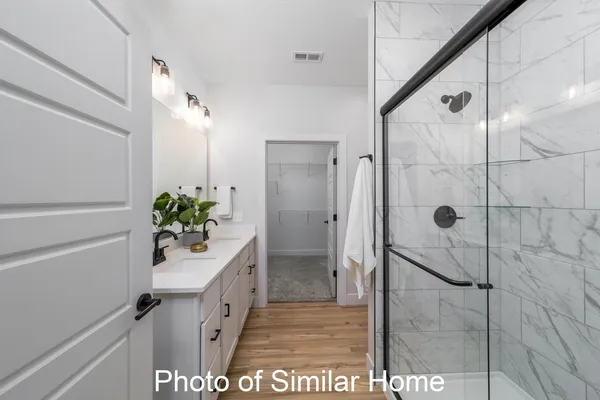 a bathroom with a shower and a sink