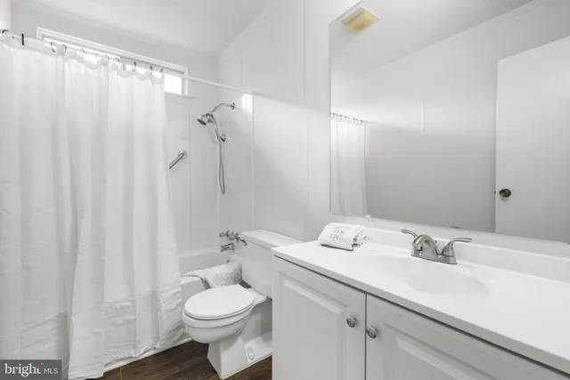 a bathroom with a sink a toilet and shower curtain