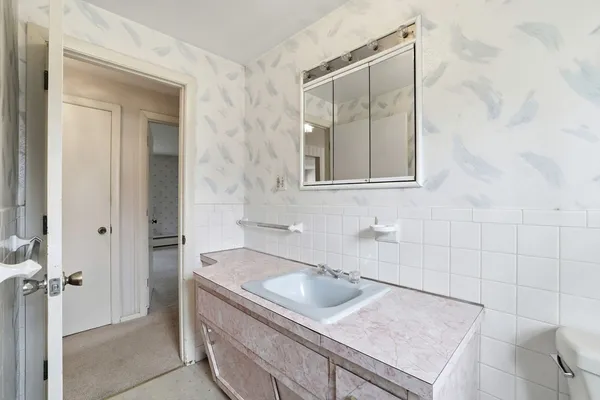 a bathroom with a sink and a mirror