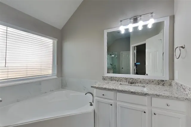 a bathroom with a granite countertop sink and a large mirror