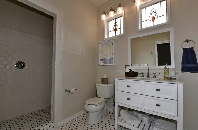 a bathroom with a toilet a sink a vanity and mirror