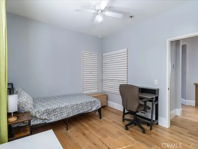 an aerial view of a house with a garden
