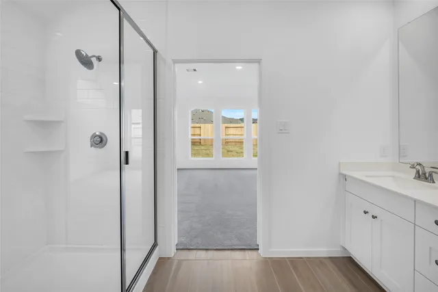 a bathroom with a shower and a sink