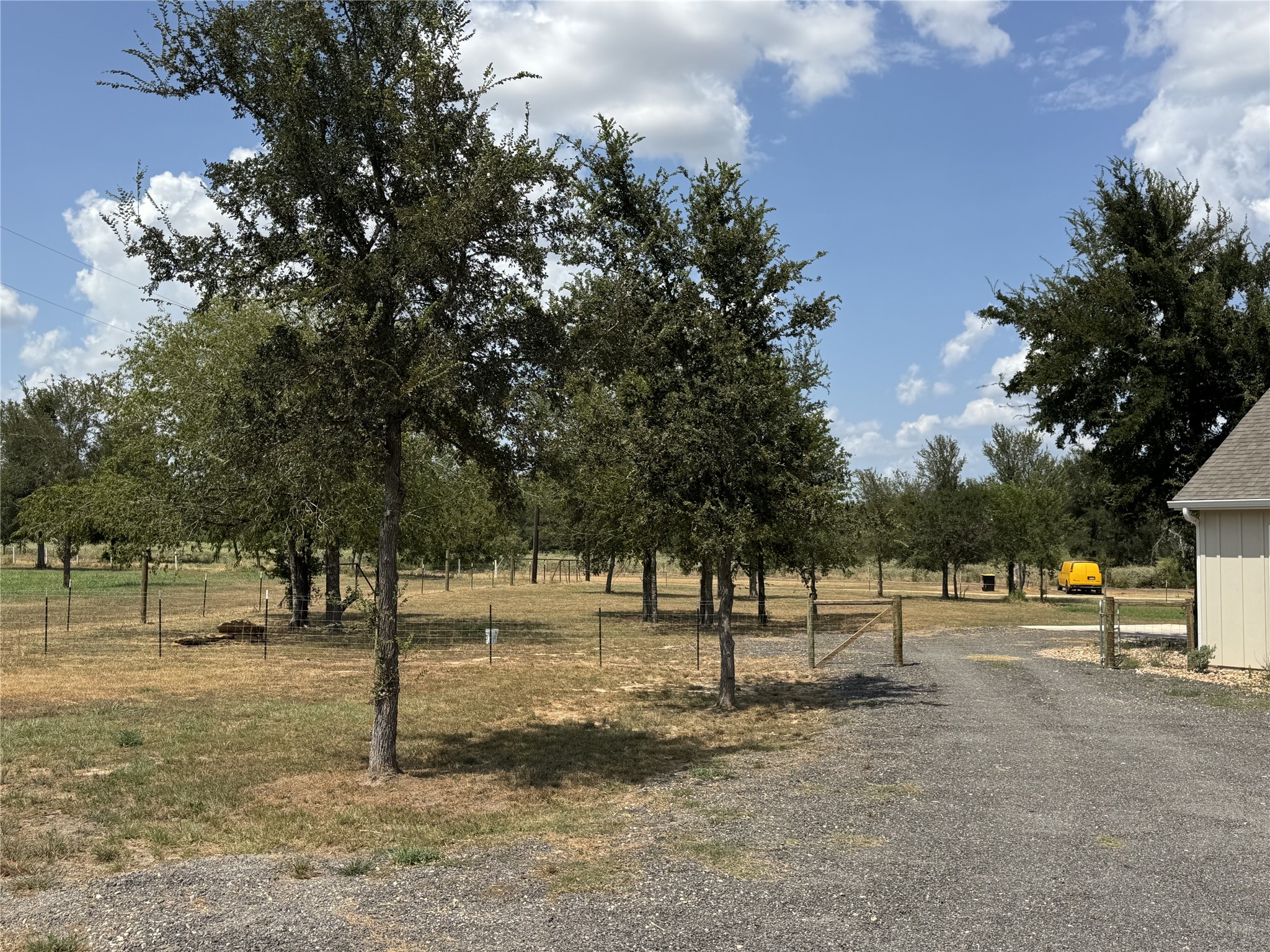 1353 Red Town Road, Unit B Elgin, TX 78621 - Photo 26 of 26 Mature trees line the gravel driveway bordering fenced pastures under blue skies.