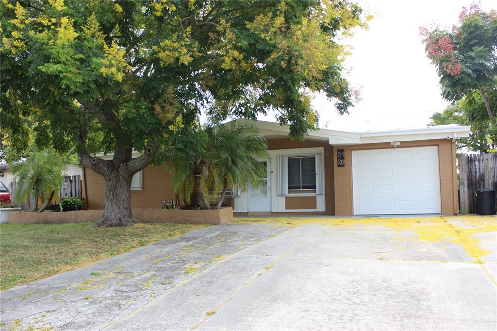 a front view of house with yard and trees