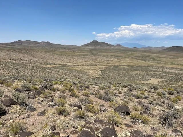 a view of a large mountain in the distance in a field