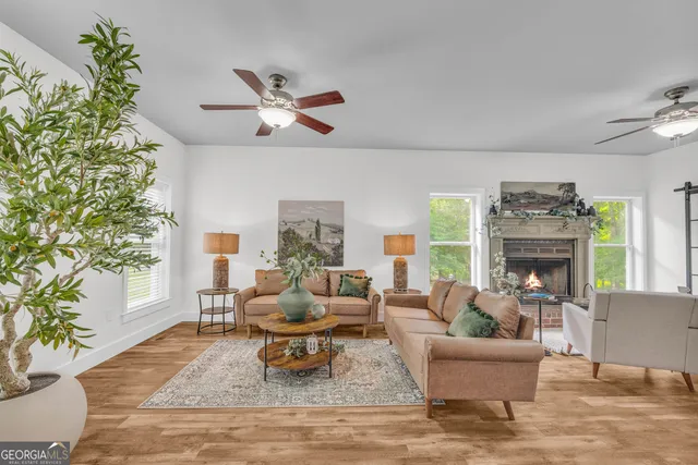 a living room with furniture a fireplace and a potted plant
