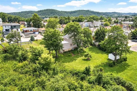 a view of a city with lush green forest