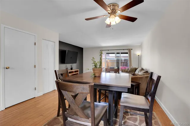 a view of a dining room with furniture