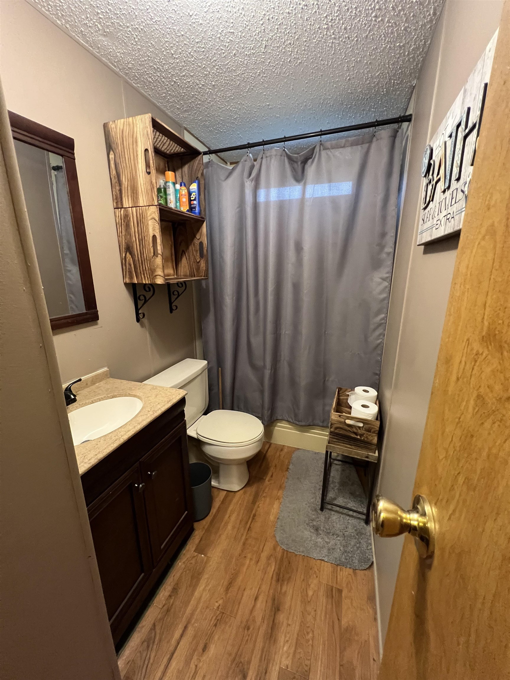 1405 Bruton Branch Road Savannah, TN 38372 - Photo 18 of 20 Full bathroom with a textured ceiling, wood finished floors, toilet, vanity, and a shower with curtain