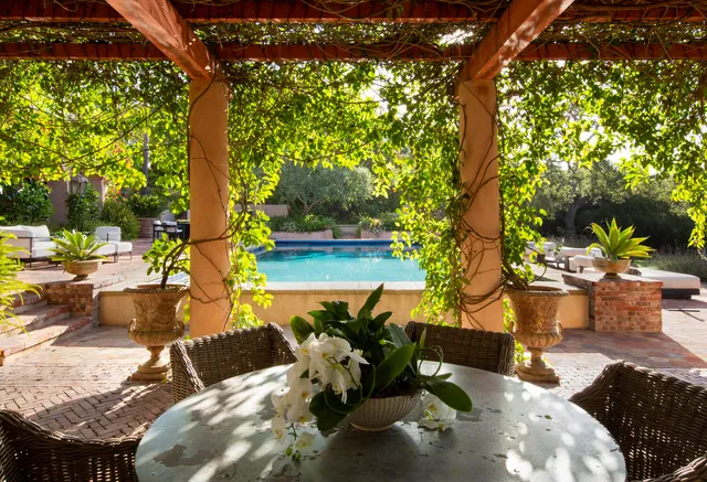 a view of a patio with couches and a fire pit and large trees