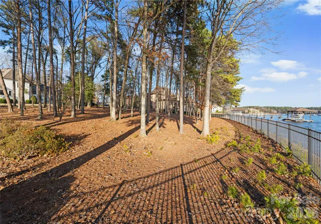 a view of a yard with wooden fence