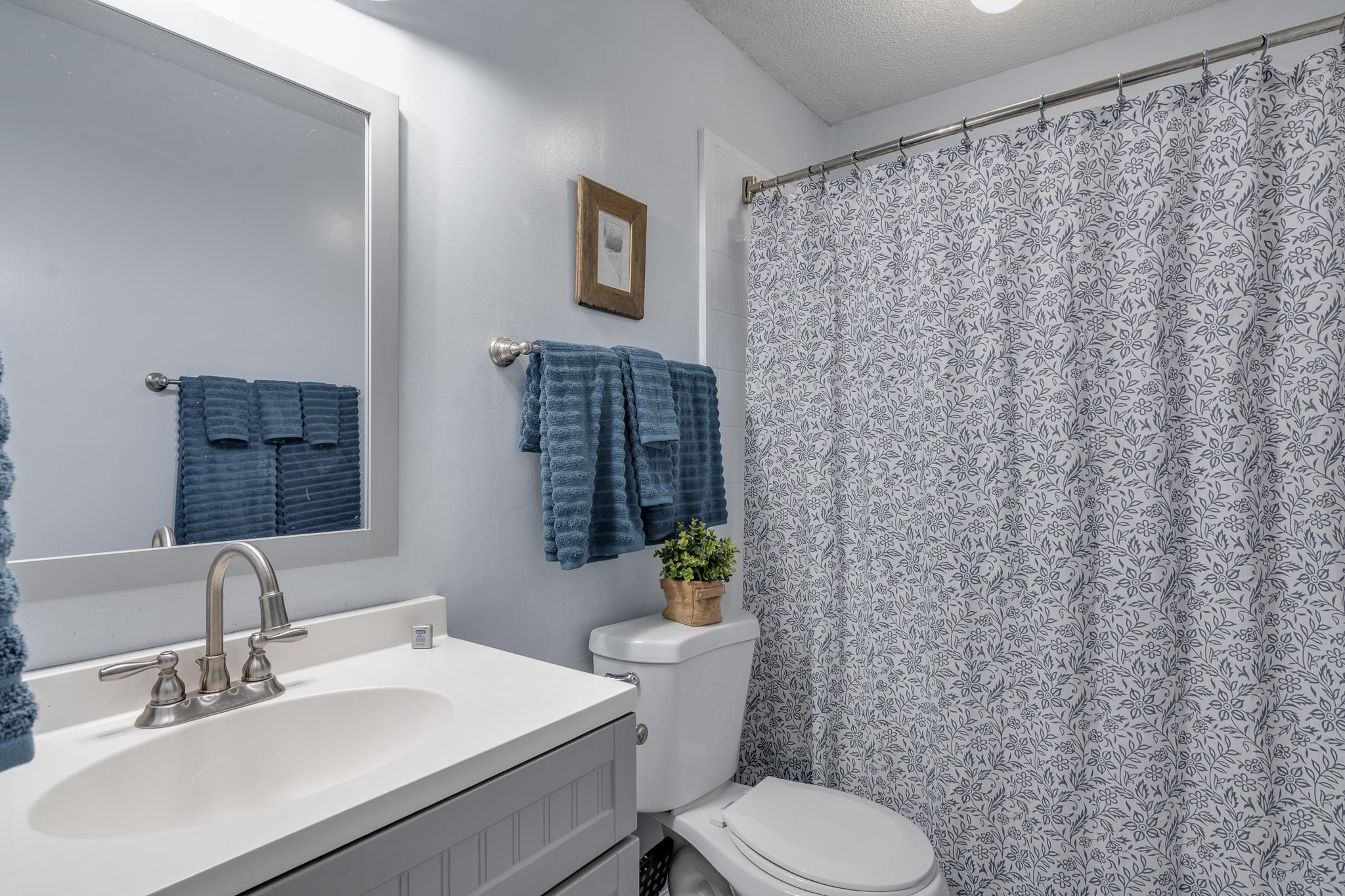 7314 Patsy Circle North Memphis, TN 38125 - Photo 19 of 28 Full bathroom with vanity, a shower with shower curtain, and a textured ceiling