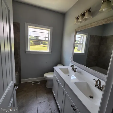 a bathroom with a sink a toilet and mirror