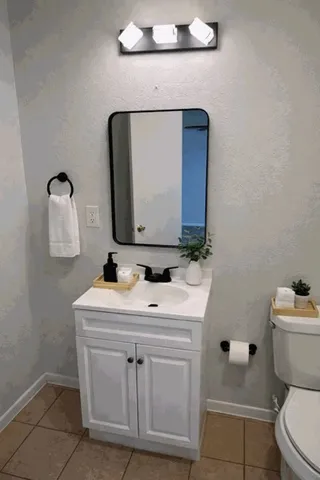 a bathroom with a toilet a sink and mirror