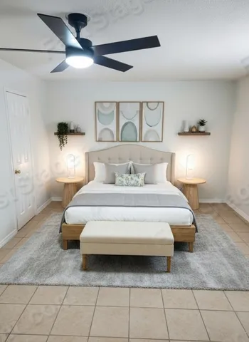 a bedroom with a bed and a ceiling fan