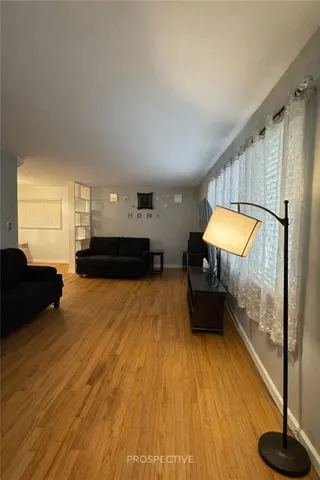 a living room with a couch and a potted plant