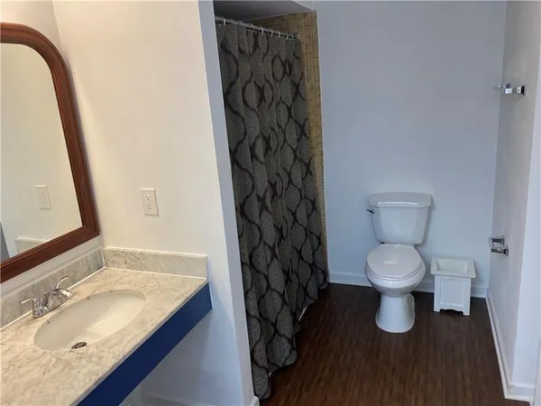 a bathroom with a granite countertop sink toilet and a mirror