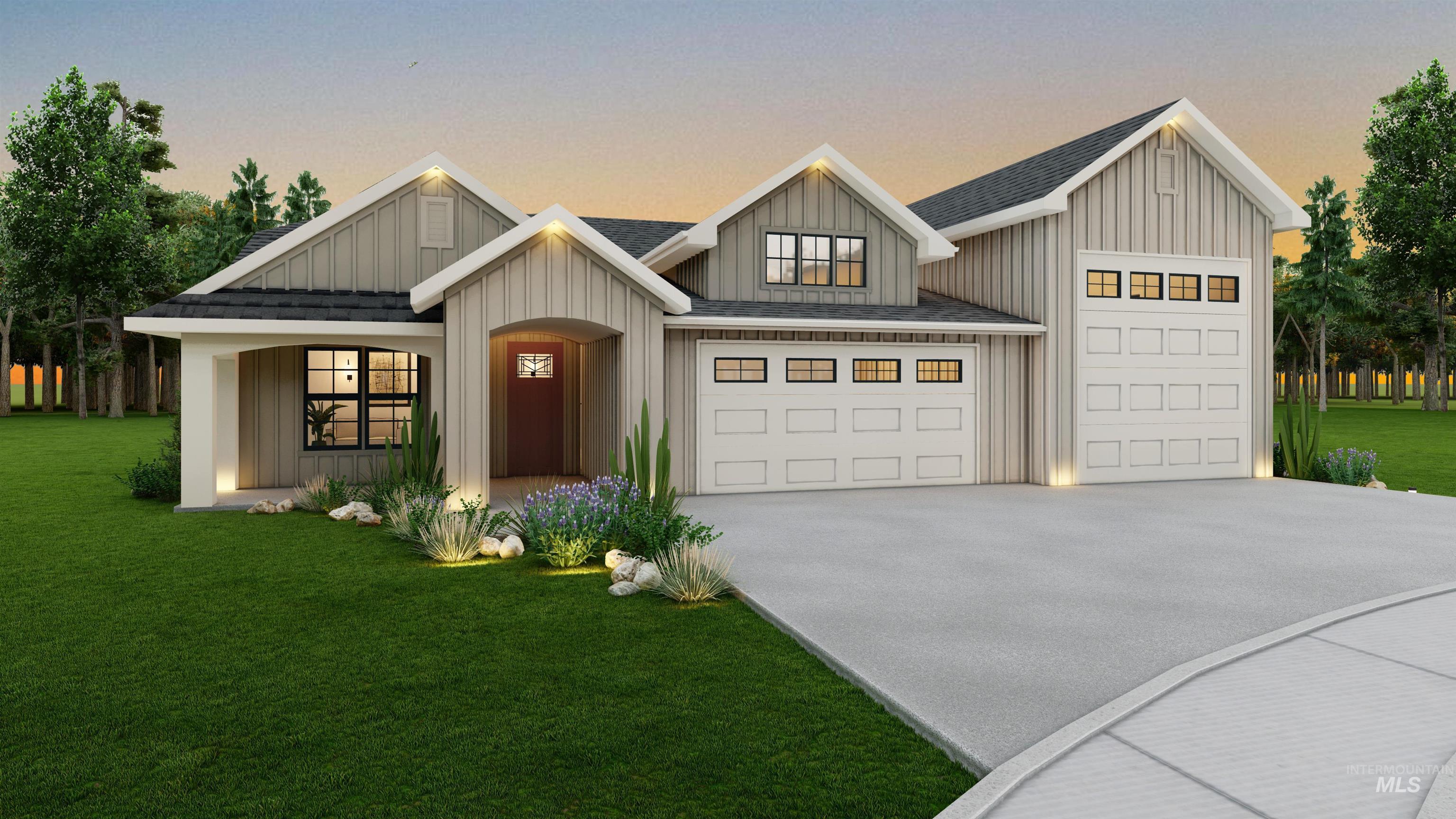 12124 October Glory Street Middleton, ID 83644 - Photo 2 of 22 Contemporary farmhouse-style exterior with vertical siding, a two-car garage, an additional single-car garage, a covered front porch, and established landscaping