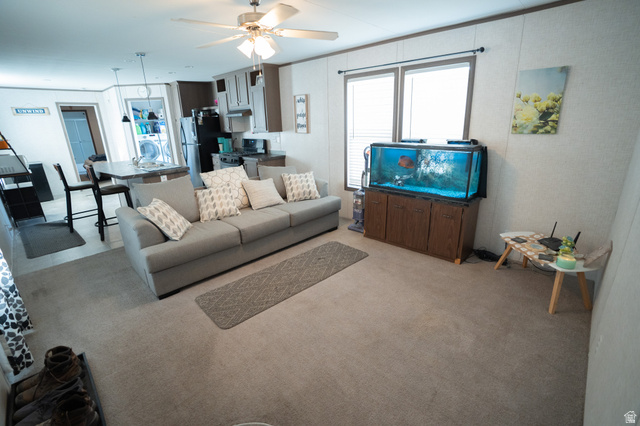 2491 Highway 89, Unit 111 Pleasant View, UT 84404 - Photo 3 of 20 Living area with ceiling fan and light carpet