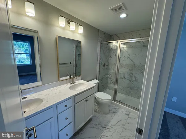 a bathroom with a double vanity sink toilet and shower