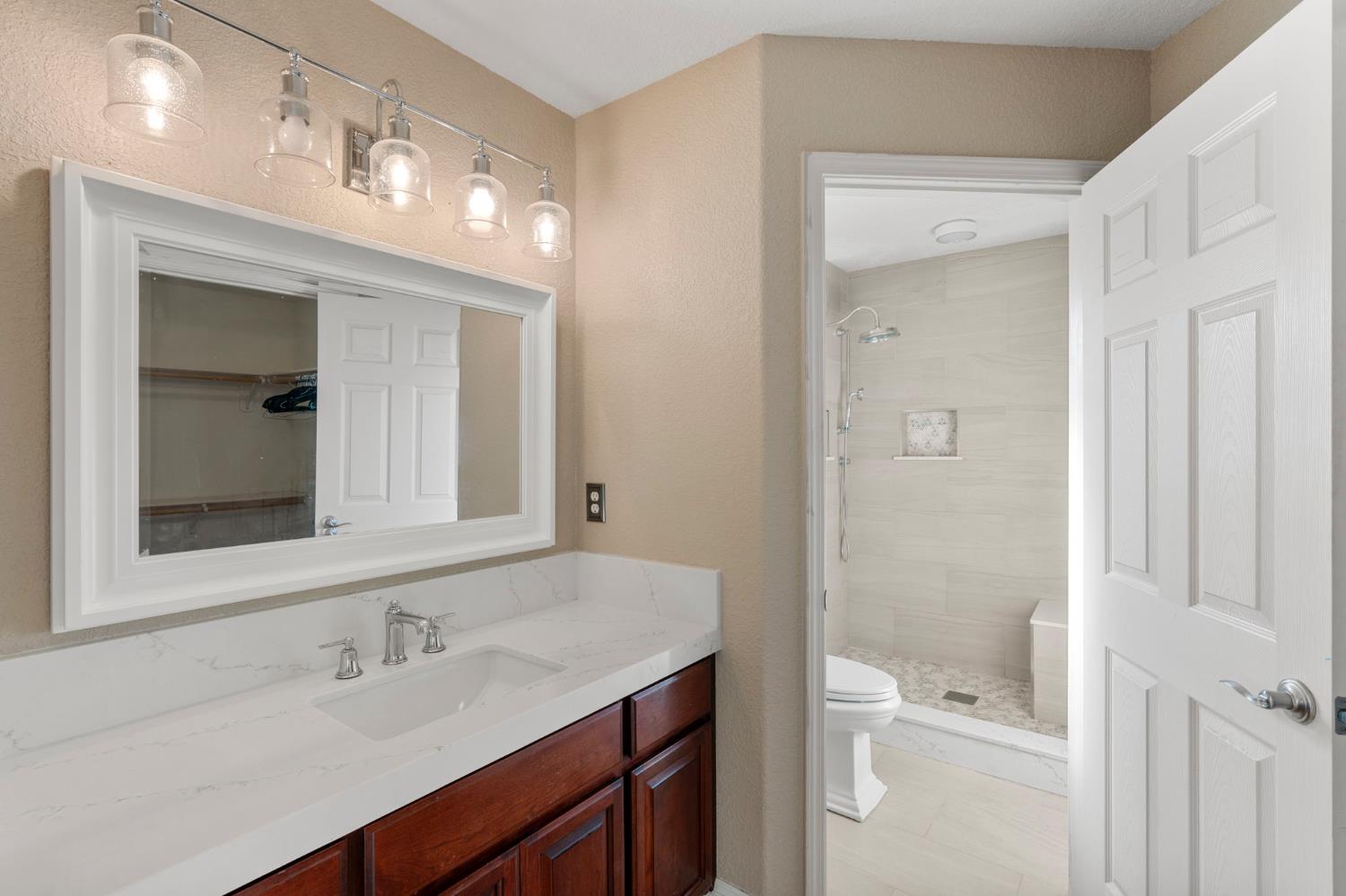 4068 Little John Road Copperopolis, CA 95228 - Photo 33 of 46 a bathroom with a granite countertop sink a toilet and shower