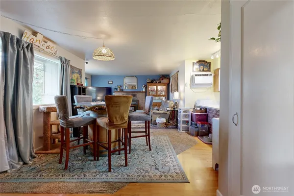 a view of a dining room with furniture