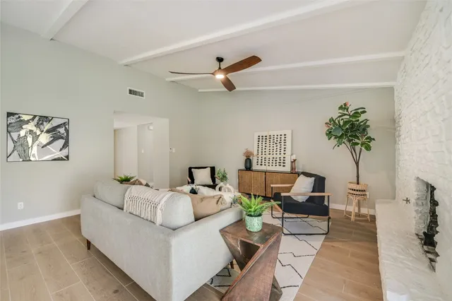 a living room with furniture and a potted plant