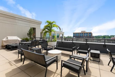 a building outdoor space with patio furniture