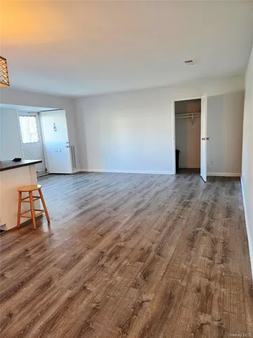 a view of an empty room and window with wooden floor
