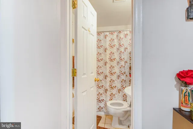 a bathroom with a toilet and a shower curtain
