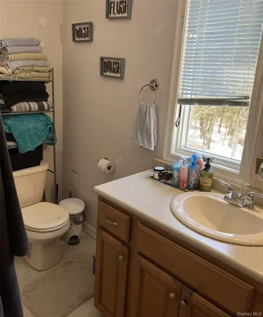 a bathroom with a granite countertop toilet sink and mirror
