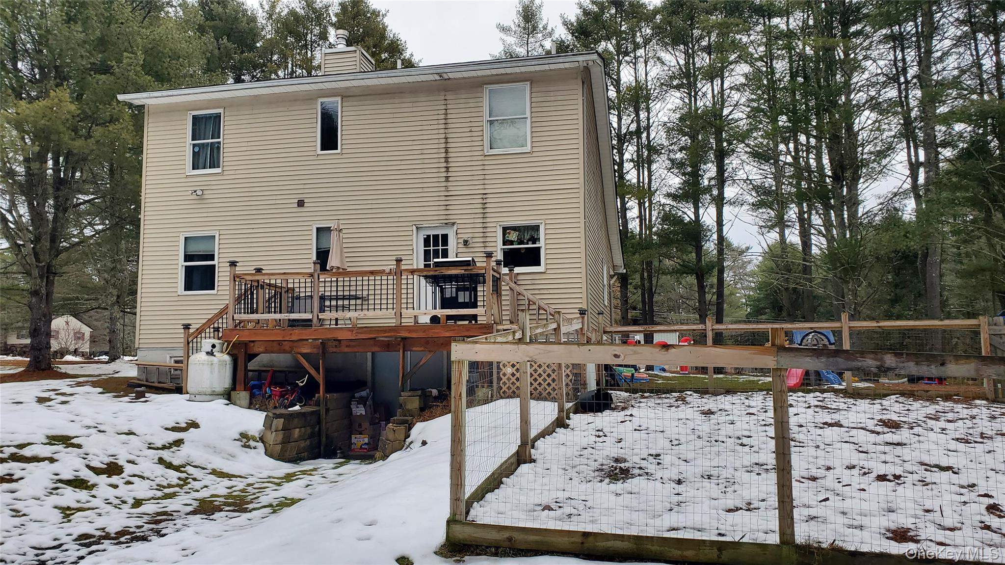 807 Beaver Brook Road Narrowsburg, NY 12764 - Photo 24 of 25 Snow covered house with a wooden deck and a chimney