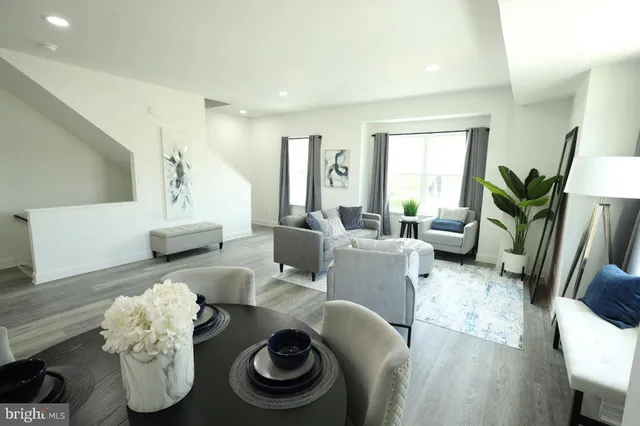 a living room with furniture and a potted plant