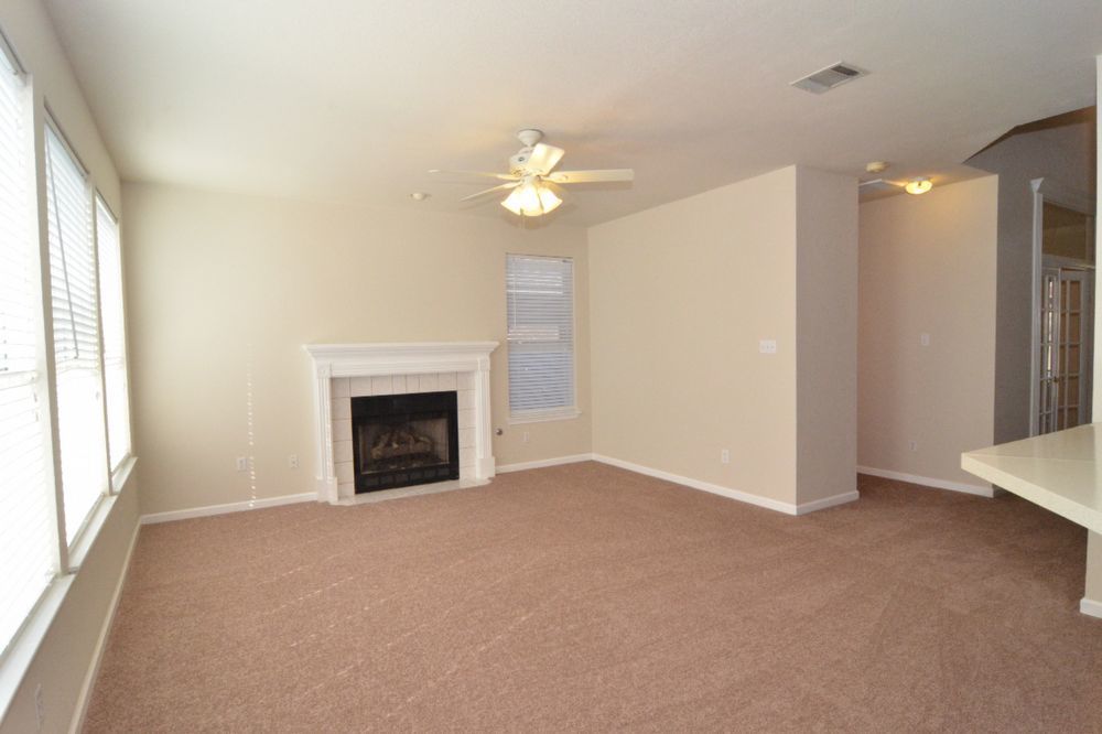 9405 Lightwood Loop Austin, TX 78748 - Photo 16 of 24 Living area featuring a central fireplace with a white mantel, multiple windows with blinds, a ceiling fan, and carpet flooring