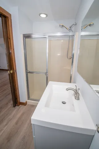 a bathroom with a sink a glass door shower and vanity