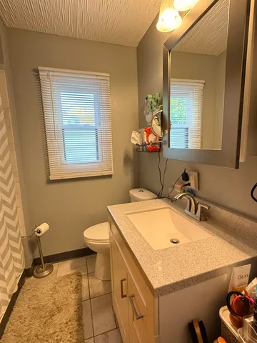 a bathroom with a sink toilet and mirror