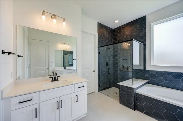 a bathroom with a double vanity sink mirror and shower