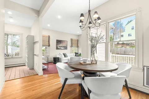 a view of a dining room with furniture wooden floor and chandelier