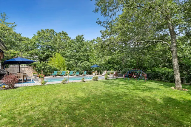 a view of a park with large trees