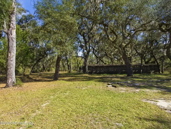 a view of a yard with large trees
