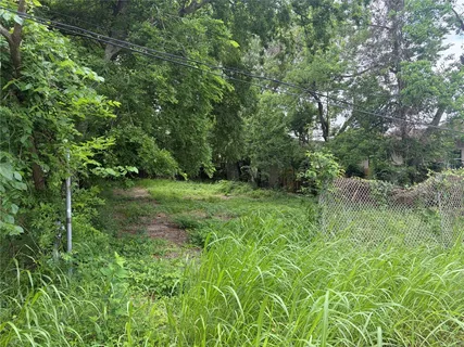 a view of a grassy field with trees in the background