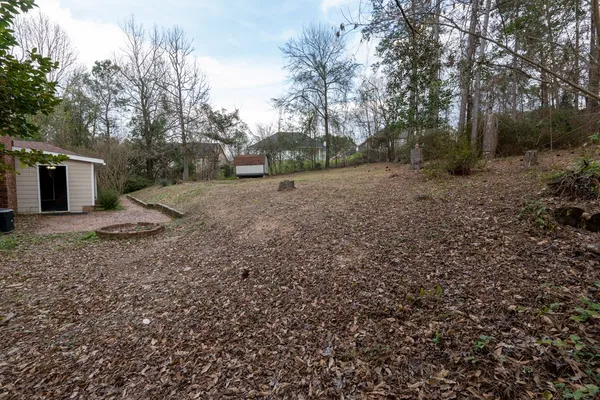 a view of a backyard with large trees